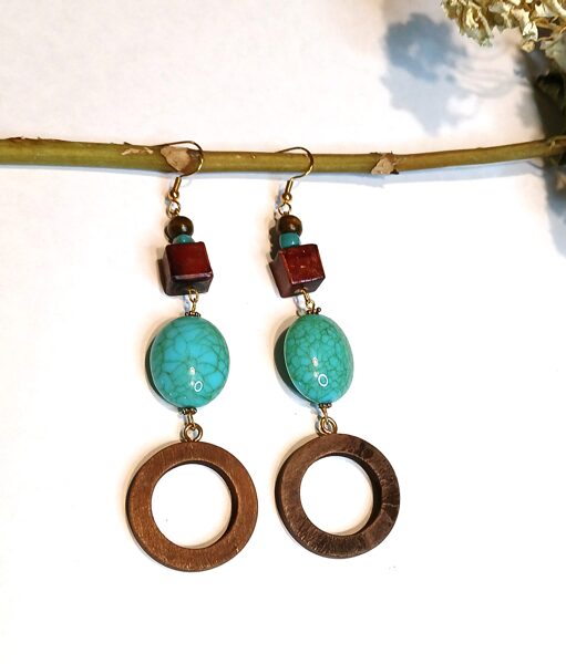 Turquoise Colored Beads & Wood Circle Dangle Earrings