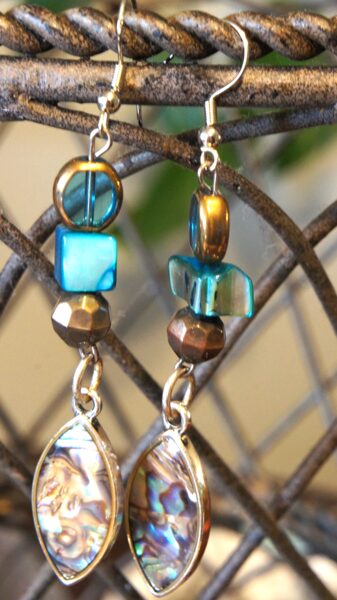 One-of-A Kind Handmade Beautiful Polished Blue, Bronze & Green Abalone Seashell Earrings