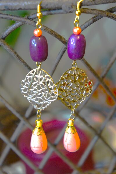 One-of-A Kind Handmade Dangling Earrings in Royalty Purple & Light Coral Tear Drop